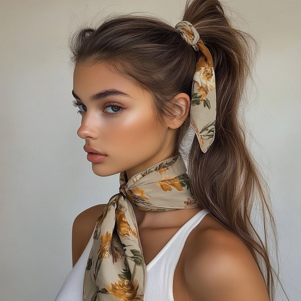 Cute Summer Hairstyles with Scarf High Ponytail