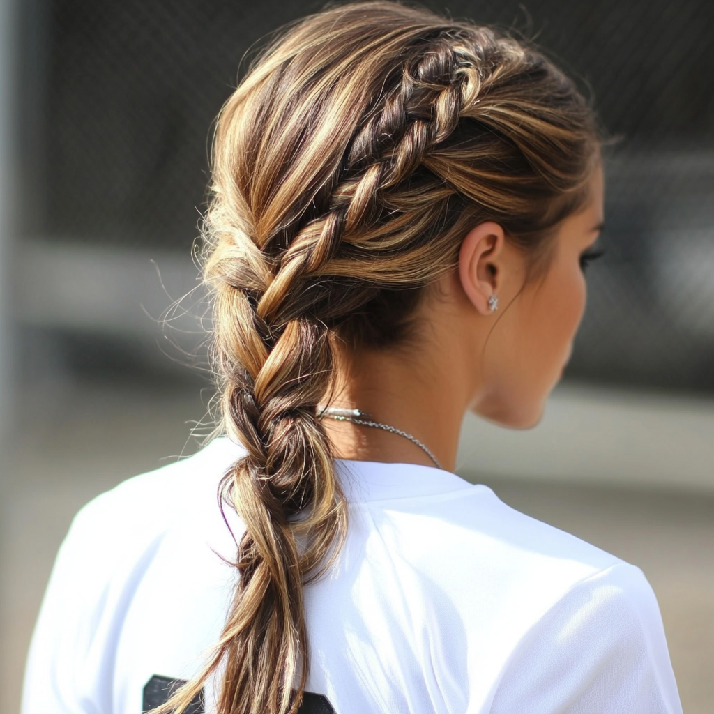 Softball Hairstyles with Low Braided Ponytail